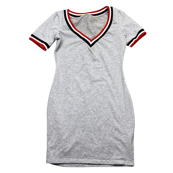 Tommy Hilfiger Dresses & Skirts - Gray V-Neck Striped Trim Bodycon Mini Dress Short Sleeve Sporty Size S